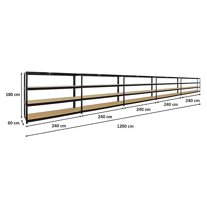 Mega Deal | 5x Schwerlastregal DINO | HxBxT 180x240x60cm | 4 MDF-Platten-Ebenen 6,5 mm | Fachlast 450kg | Schwarz - 