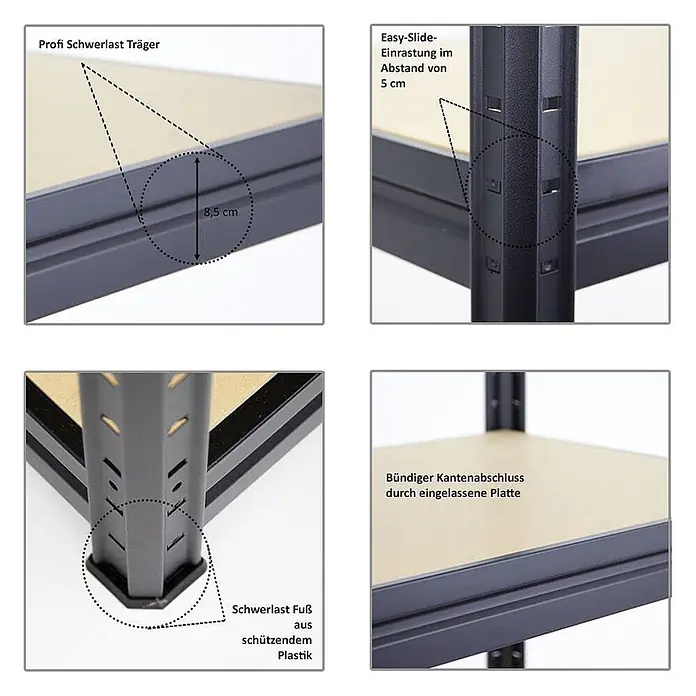 Mega Deal | 3x Schwerlastregal DINO | HxBxT 180x240x60cm | 4 MDF-Platten-Ebenen 6,5 mm | Fachlast 450kg | Schwarz - 