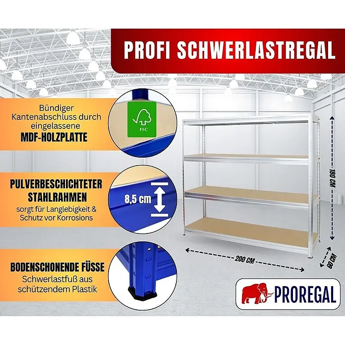 Proregal Schwerlastregal DINO - H x B x T: 180 x 200 x 60 cm, Traglast pro Boden: 500 kg, Anzahl Böden: 4 Stk., Stecken, Verzinkt