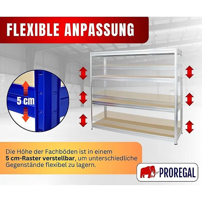 Proregal Schwerlastregal DINO - H x B x T: 180 x 200 x 60 cm, Traglast pro Boden: 500 kg, Anzahl Böden: 4 Stk., Stecken, Verzinkt