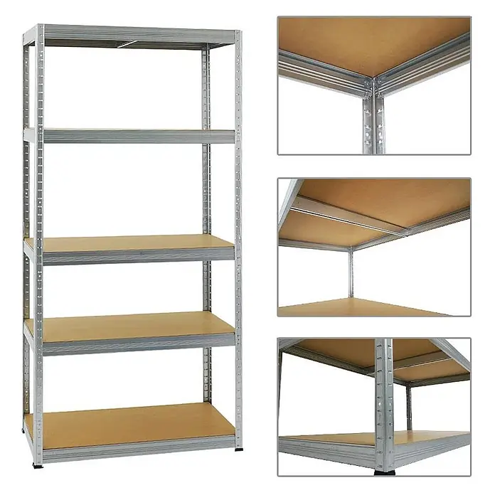 MegaDeal 2xSchwerlastregal Slim Elephant S 180x90x45 5 Böden 350kg Verzinkt -  - Fünfstufiges Schwerlastregal aus verzinktem Stahl mit verstellbaren hellbraunen Holzablagen.