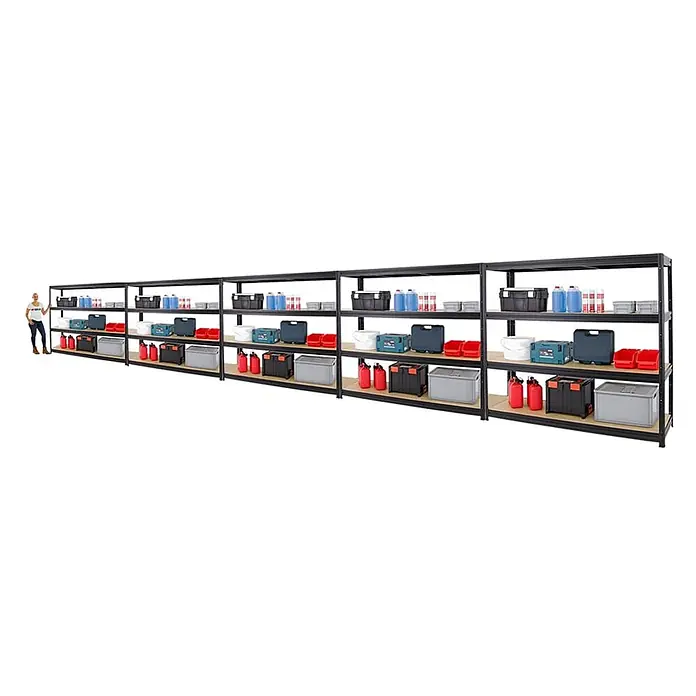 Mega Deal | 5x Schwerlastregal DINO | HxBxT 180x200x60cm | 4 MDF-Platten-Ebenen 6,5 mm | Fachlast 500kg | Schwarz - 