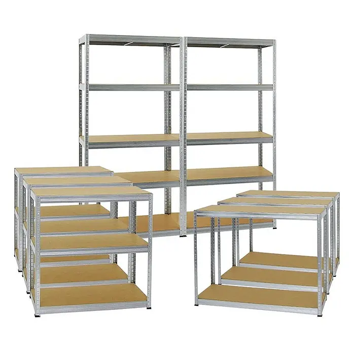 MegaDeal 5xSchwerlastregal Slim Elephant S 180x90x45 5 Böden 350kg Verzinkt -  - Konfigurierbare modulare Lagerregale mit verzinkten Stahlrahmen und hellen Holzablagen, in verschiedenen Höhen dargestellt.