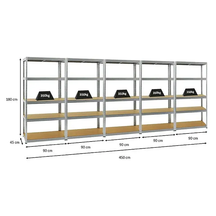 MegaDeal 5xSchwerlastregal Slim Elephant S 180x90x45 5 Böden 350kg Verzinkt -  - Verzinktes Metallregal mit fünf Abschnitten und Holzablagen, 180x450x45 cm, 350kg Traglast pro Ablage.