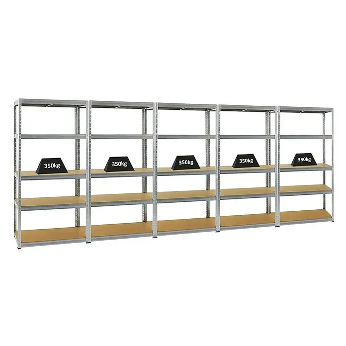 MegaDeal 5xSchwerlastregal Slim Elephant S 180x90x45 5 Böden 350kg Verzinkt -  - Fünf Schwerlast-Metallregale mit Holzablagen, jedes Fach für 350kg ausgelegt.