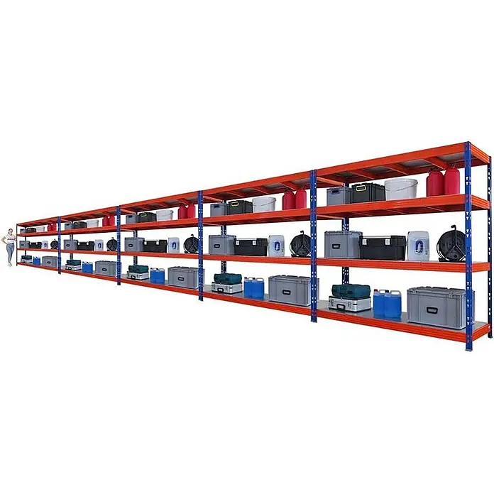 MegaDeal 5xProfi Schwerlastregal Rhino 180x200x60 4 Böden 500kg Blau/Orange -  - Langes rot-blaues Industrieregal, gefüllt mit Lagerboxen, eine Person zeigt die große Skala.