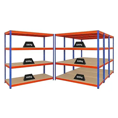 Mega Deal | 4x Profi Schwerlastregal BISON | HxBxT 200x200x60cm | 4 Fachböden | Fachlast 600kg | Blau-Orange
