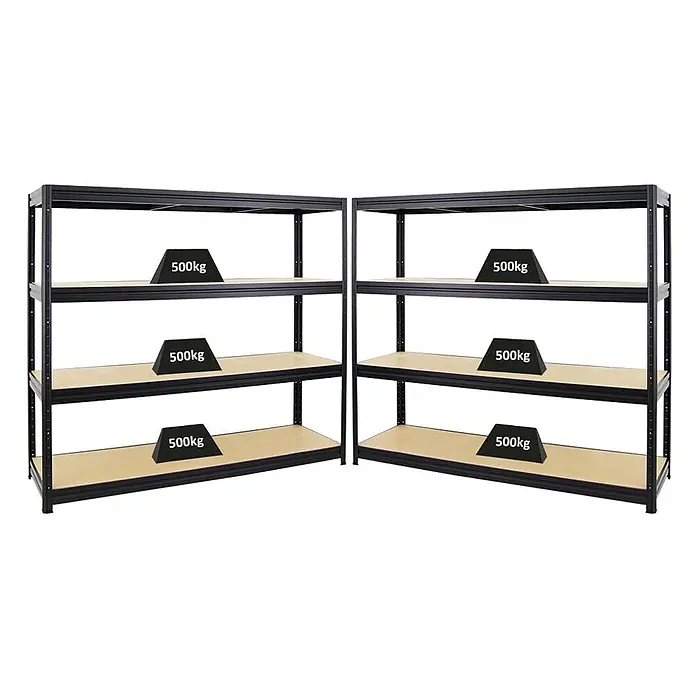 Mega Deal | 2x Schwerlastregal DINO | HxBxT 180x180x60cm | 4 MDF-Platten-Ebenen 6,5 mm | Fachlast 500kg | Schwarz - 