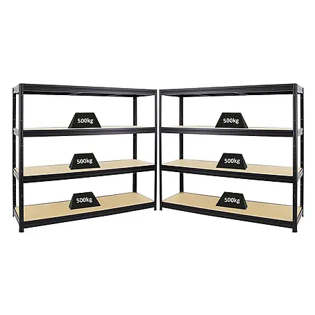 Mega Deal | 2x Schwerlastregal DINO | HxBxT 180x180x60cm | 4 MDF-Platten-Ebenen 6,5 mm | Fachlast 500kg | Schwarz