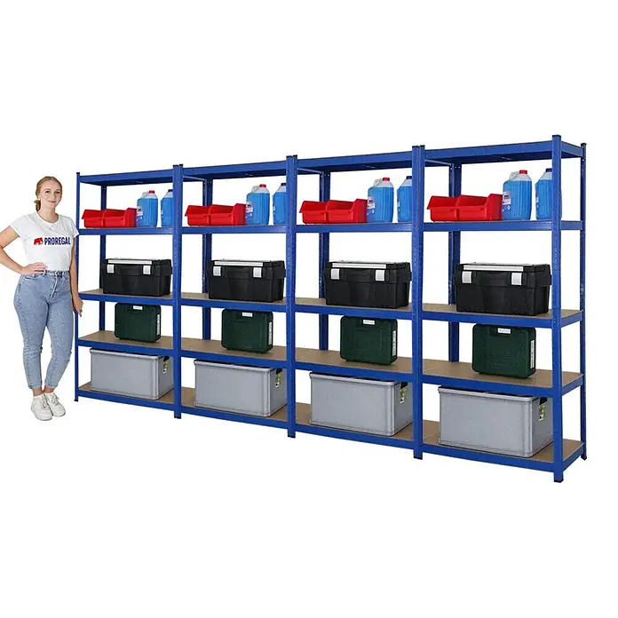 Mega Deal | 4x Schwerlastregal Ragnar | HxBxT 180x90x40cm | 5 MDF-Platten-Ebenen | Fachlast 175kg | Blau -  - Blaues Metallregal mit mehreren Ablagen, bestückt mit verschiedenen Lagerartikeln. Eine Person steht daneben zur Größenangabe.