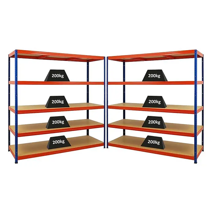 Mega Deal | 2x Schwerlastregal Giant Elephant | HxBxT 180x180x60cm | Fachlast 200kg | Blau-Orange -  - Zwei rot-blaue Metallregale mit Holzablagen, die eine Tragkraft von 200kg pro Fach zeigen.
