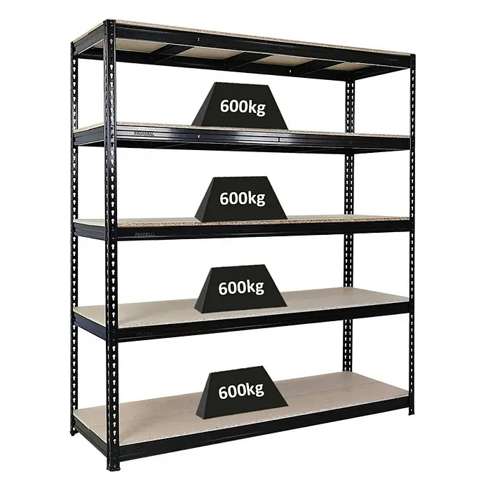 Profi Schwerlastregal BISON | HxBxT 200x200x60cm | 5 Spanplatten-Ebenen 15mm | Fachlast 600kg | Schwarz - 