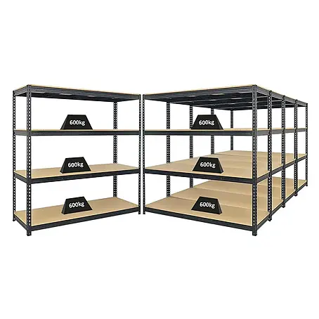 Mega Deal | 5x Profi Schwerlastregal BISON | HxBxT 200x200x60cm | 4 Fachböden | Fachlast 600kg | Schwarz