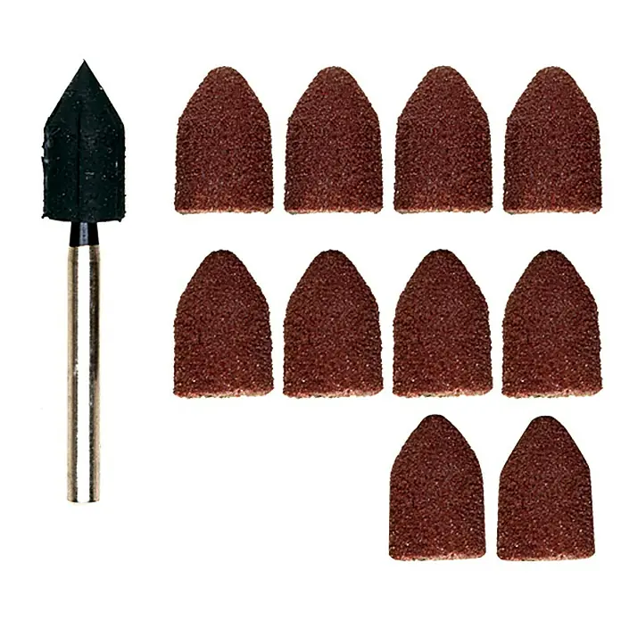 Proxxon Schleifkappen-Set No 28987 - 9 mm, 10 Stk. - Bild von Schleifaufsätzen für Nagelpflegegeräte, bestehend aus einem Dorn und zehn Schleifkappen.