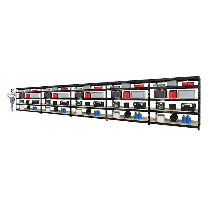 Mega Deal | 5x Profi Schwerlastregal Rhino | HxBxT 180x200x60cm | 5 Spanplatten-Ebenen 8mm | Fachlast 500kg | Schwarz - 