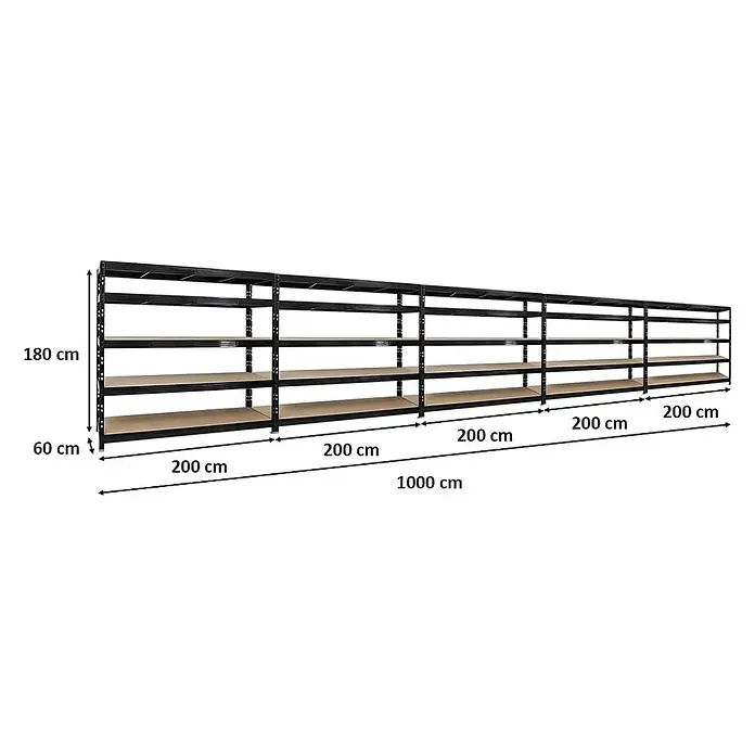 Mega Deal | 5x Profi Schwerlastregal Rhino | HxBxT 180x200x60cm | 5 Spanplatten-Ebenen 8mm | Fachlast 500kg | Schwarz - 