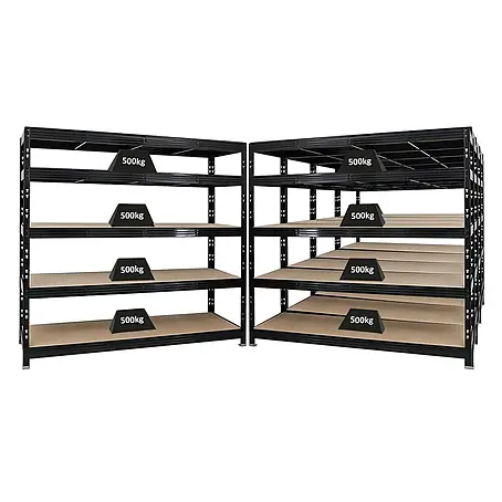 Mega Deal | 5x Profi Schwerlastregal Rhino | HxBxT 180x200x60cm | 5 Spanplatten-Ebenen 8mm | Fachlast 500kg | Schwarz
