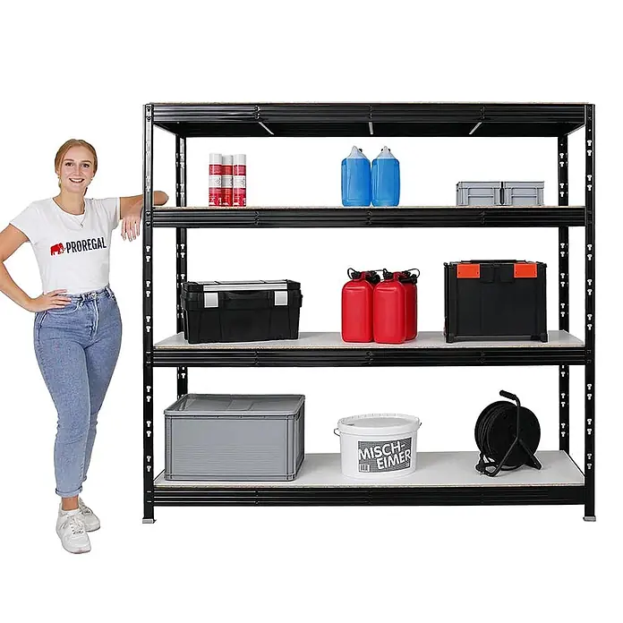 Mega Deal | 2x Profi Schwerlastregal Rhino | HxBxT 180x200x60cm | 4 Melamin-Ebenen 16mm | Fachlast 500kg | Schwarz - 