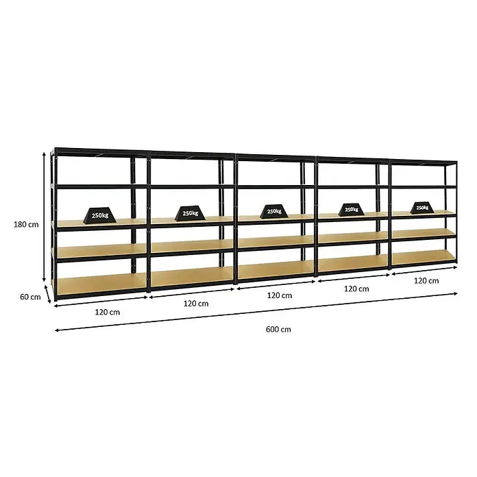 Mega Deal | 5x Schwerlastregal Big Elephant M | HxBxT 180x120x60 cm | Fachlast 250kg | Schwarz - 