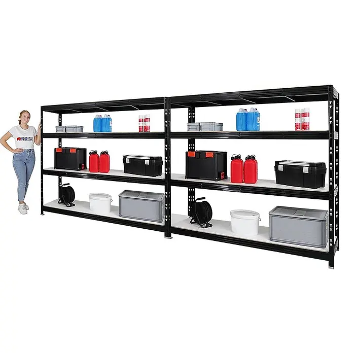 Mega Deal | 2x Profi Schwerlastregal Rhino | HxBxT 180x200x60cm | 4 Melamin-Ebenen 16mm | Fachlast 500kg | Schwarz - 