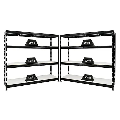 Mega Deal | 2x Profi Schwerlastregal Rhino | HxBxT 180x200x60cm | 4 Melamin-Ebenen 16mm | Fachlast 500kg | Schwarz