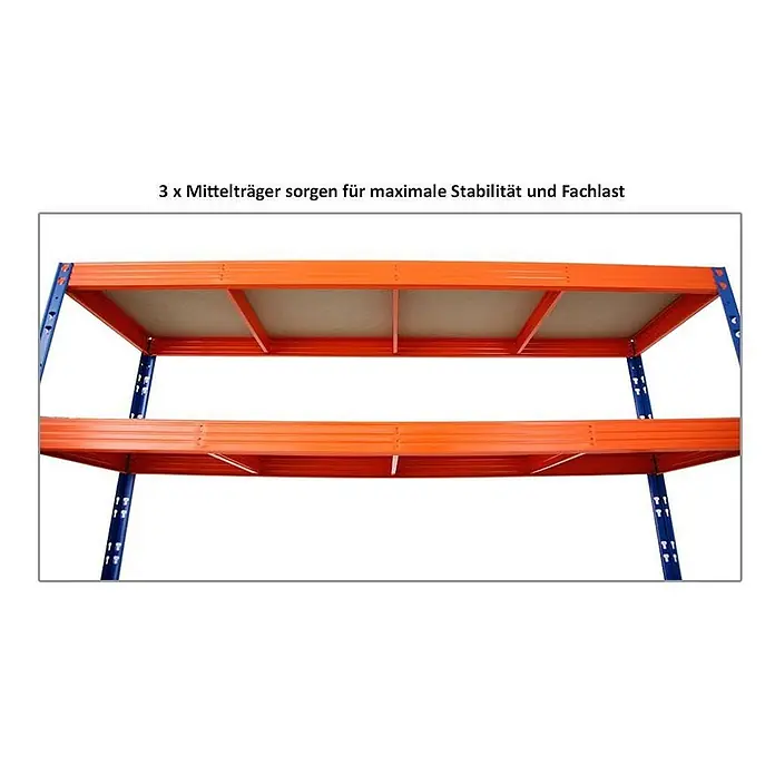 MegaDeal 4xProfi Schwerlastregal Rhino 180x200x60 5 Böden 500kg Blau/Orange -  - Orangefarbene Lagerregalböden mit blauen Ständern und drei Mittelträgern für maximale Stabilität.