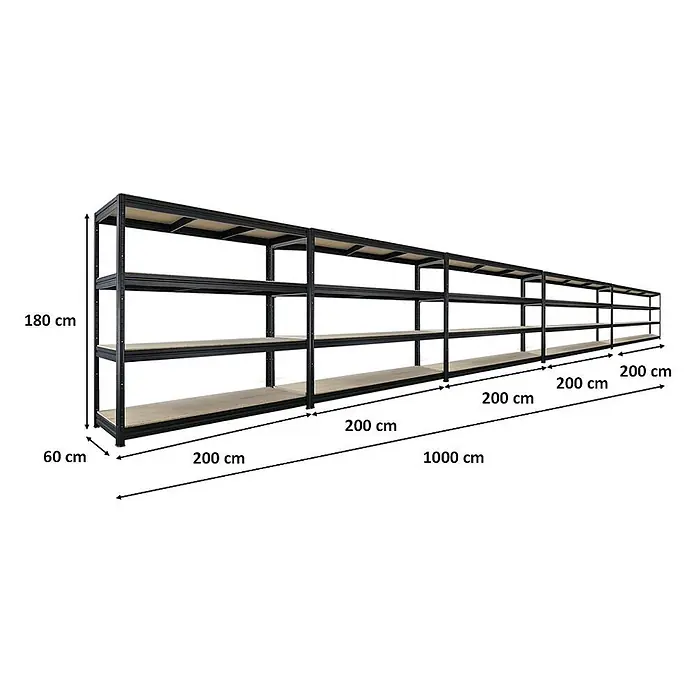 MegaDeal 5x Schwerlastregal DINO 180x200x60cm 4 Ebenen 16mm 500kg Schwarz - 