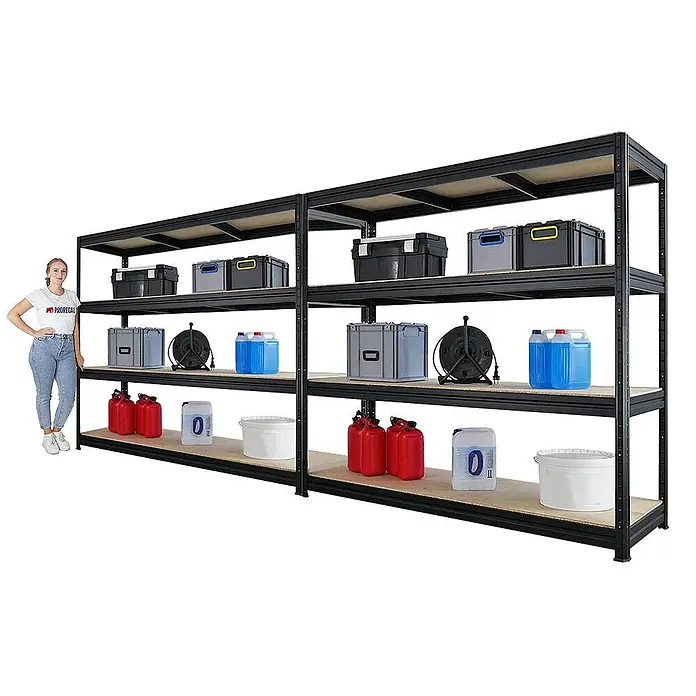 Mega Deal | 2x Schwerlastregal DINO | HxBxT 180x200x60cm | 4 Spanplatten-Ebenen 16mm | Fachlast 500kg | Schwarz - 