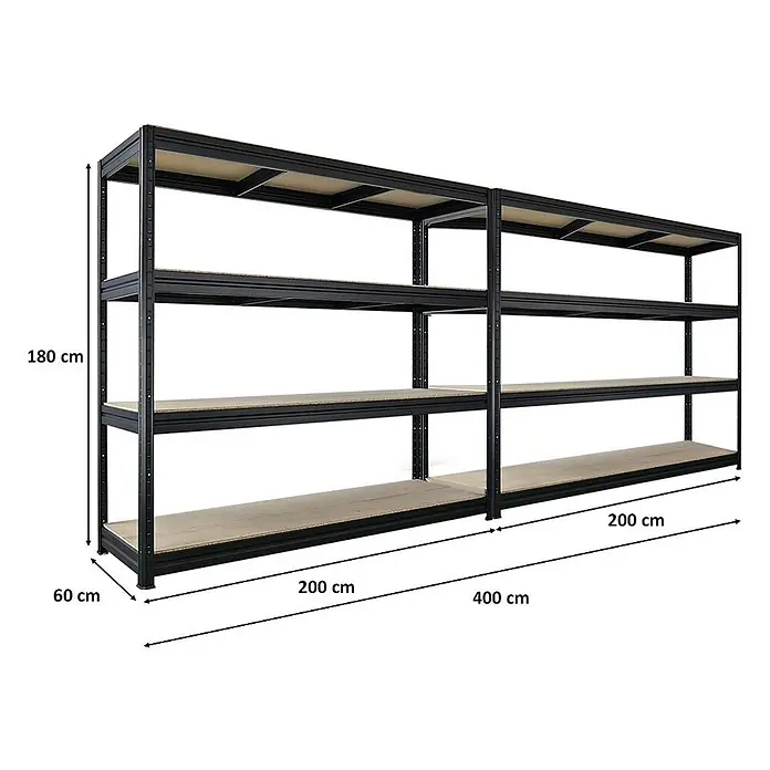 Mega Deal | 2x Schwerlastregal DINO | HxBxT 180x200x60cm | 4 Spanplatten-Ebenen 16mm | Fachlast 500kg | Schwarz - 