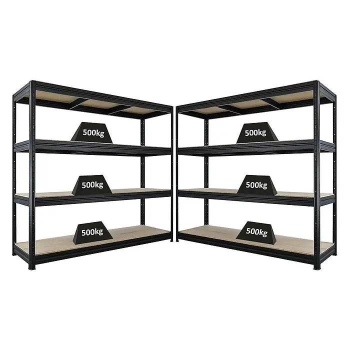 Mega Deal | 2x Schwerlastregal DINO | HxBxT 180x200x60cm | 4 Spanplatten-Ebenen 16mm | Fachlast 500kg | Schwarz - 
