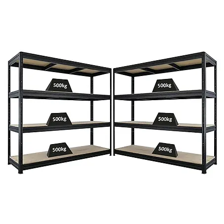 Mega Deal | 2x Schwerlastregal DINO | HxBxT 180x200x60cm | 4 Spanplatten-Ebenen 16mm | Fachlast 500kg | Schwarz