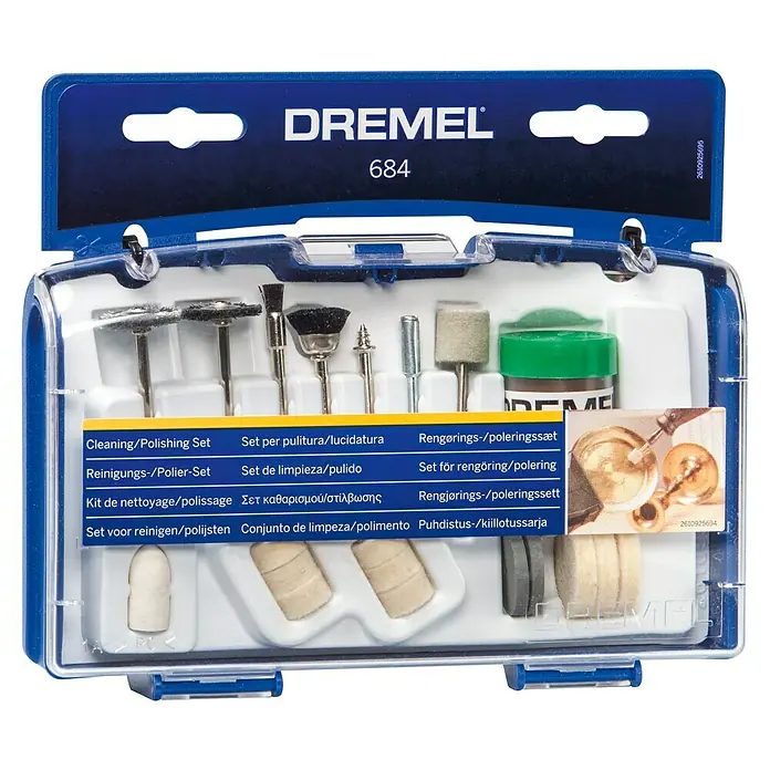 Dremel Polier-Set Mod. 684 - 20 -tlg. - Dremel 684 Reinigungs- und Polierset in transparenter Kunststoffbox mit diversen Aufsätzen für Bohrmaschinen.