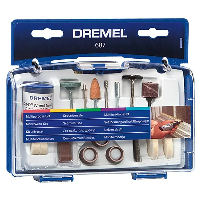 Dremel Set de accesorios multiuso Mod. 687 - 52 pzs. - Juego multiusos Dremel 687 con varios accesorios para diferentes aplicaciones, ideal para aficionados al bricolaje y profesionales.