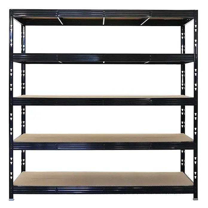 Set Deal 2x Profi Schwerlastregal Rhino 200x200x60cm 5 Böden 500kg Schwarz -  - Schwarzmetall-Regal mit fünf hellbraunen Spanplattenböden zur Organisation.