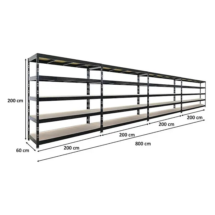 Mega Deal | 4x Profi Schwerlastregal Rhino | HxBxT 200x200x60cm | 5 Spanplatten-Ebenen 8mm | Fachlast 500kg | Schwarz - 