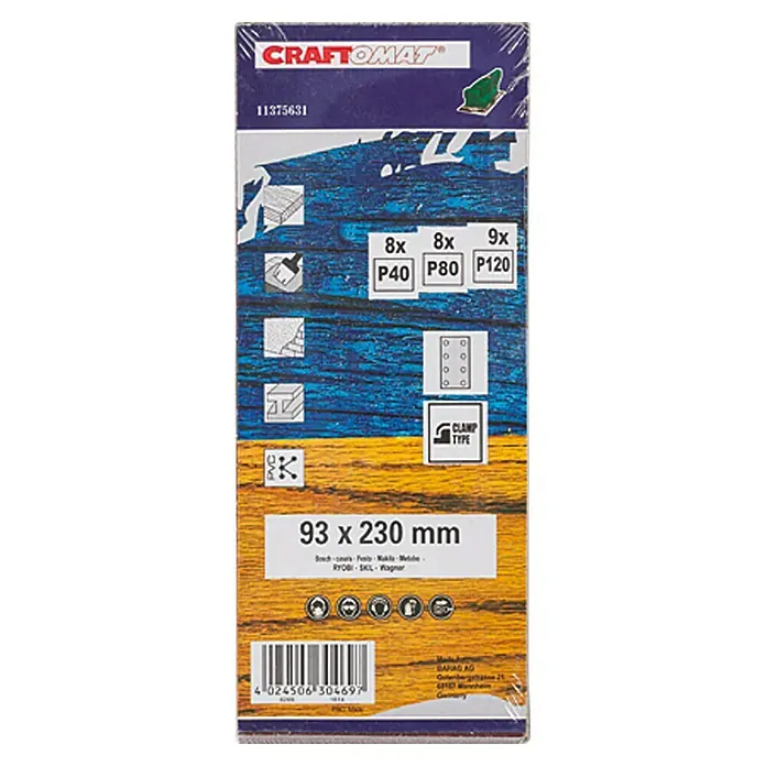 Craftomat Schleifstreifen Sparpack - 230 x 93 mm, 25 -tlg., Schwingschleifer - Das Bild zeigt eine Packung Craftomat Schleifpapier, 93 x 230 mm, mit verschiedenen Körnungen (P40, P80, P120) für diverse Schleifarbeiten.