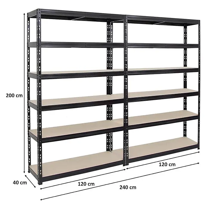 Mega Deal | 2x Schwerlastregal Giant Tiger | HxBxT 200x120x40cm | Fachlast 265kg | 6-Ebenen | Schwarz | Garagenregal, Lagerregal, Steckregal, Kellerregal, Werkstattregal - 