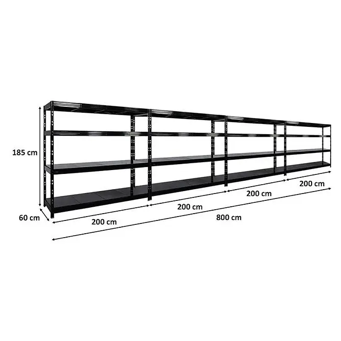 Mega Deal | 4x Profi Schwerlastregal Rhino | HxBxT 180x200x60cm | 4 Stahlplatten-Ebenen | Fachlast 500kg | Schwarz - 