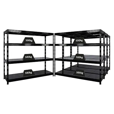 Mega Deal | 4x Profi Schwerlastregal Rhino | HxBxT 180x200x60cm | 4 Stahlplatten-Ebenen | Fachlast 500kg | Schwarz