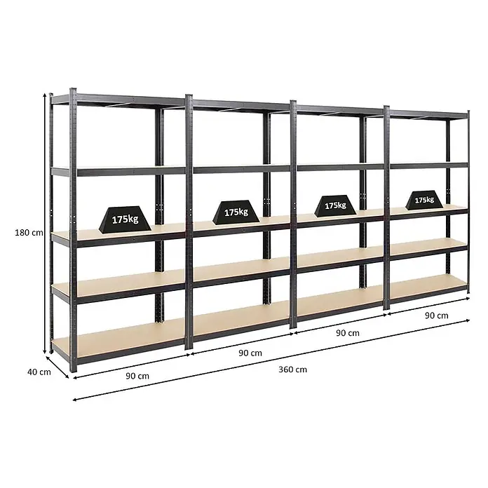 Mega Deal | 4x Schwerlastregal Ragnar | HxBxT 180x90x40cm | 5 MDF-Platten-Ebenen | Fachlast 175kg | Schwarz - 