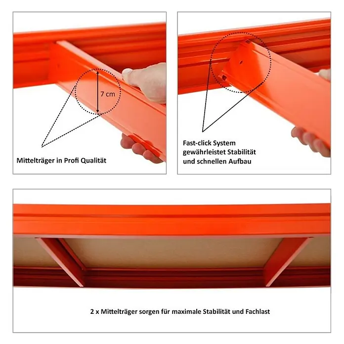 Mega Deal | 3x Schwerlastregal DINO | HxBxT 180x200x60cm | 4 Spanplatten-Ebenen 16mm | Fachlast 500kg | Blau/Orange - 