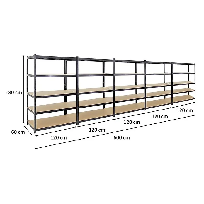 Mega Deal | 5x Schwerlastregal TAURUS | HxBxT 180x120x60cm | Fachlast 175kg | Schwarz - 