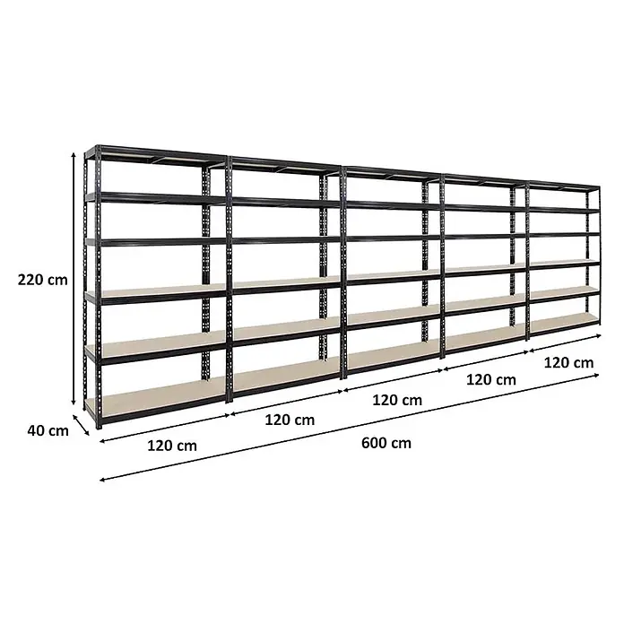 Mega Deal | 5x Schwerlastregal Giant Tiger XL | HxBxT 220x120x40cm | Fachlast 265kg | 6-Ebenen | Schwarz | Garagenregal, Lagerregal, Steckregal, Kellerregal, Werkstattregal - 