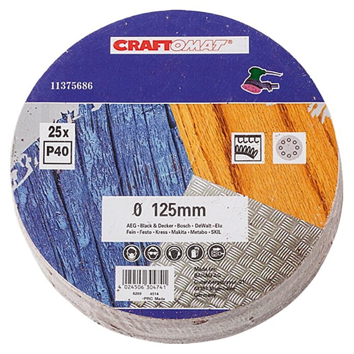 Craftomat Schuurbladen met klittenband (Diameter: 125 mm, Korreling: 40, 25-delig)