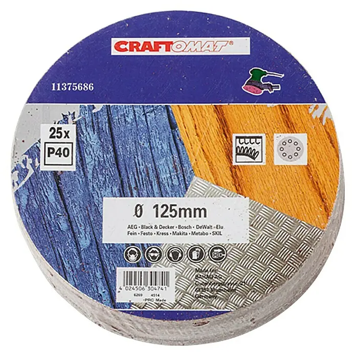 Craftomat Haftschleifscheiben - Durchmesser: 125 mm, Körnung: 40, 25 -tlg. - Schleifscheiben von CRAFTOMAT, 25 Stück, Körnung P40, Durchmesser 125mm, geeignet für verschiedene Schleifmaschinenmarken.