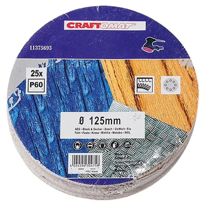 Craftomat Disco de lija autoadherente - Diámetro: 125 mm, Grano: 60 mm, Con perforación - Discos de lijar CRAFTOMAT, 25 unidades, grano P60, diámetro 125mm, aptos para AEG, Black & Decker, Bosch, DeWalt, Elu, Fein, Festo, Kress, Makita, Metabo, SKIL.