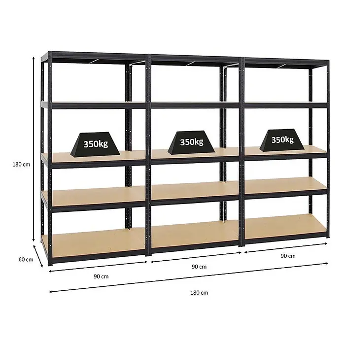 Mega Deal | 3x Schwerlastregal Slim Elephant M | HxBxT 180x90x60 cm | 5 Ebenen | Fachlast 350 kg | Schwarz - 