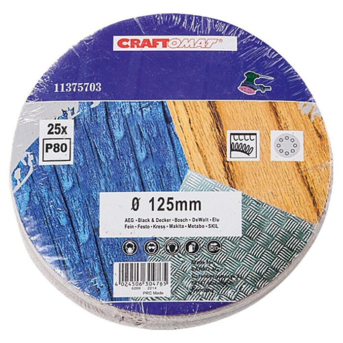 Craftomat Schuurbladen met klittenband (Diameter: 125 mm, Korreling: 80, 25-delig)
