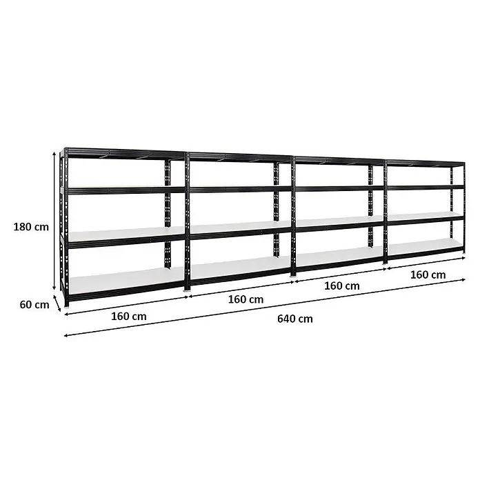Mega Deal | 4x Profi Schwerlastregal Rhino | HxBxT 180x160x60cm | 4 Melamin-Ebenen 16mm | Fachlast 500kg | Schwarz - 