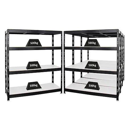 Mega Deal | 4x Profi Schwerlastregal Rhino | HxBxT 180x160x60cm | 4 Melamin-Ebenen 16mm | Fachlast 500kg | Schwarz